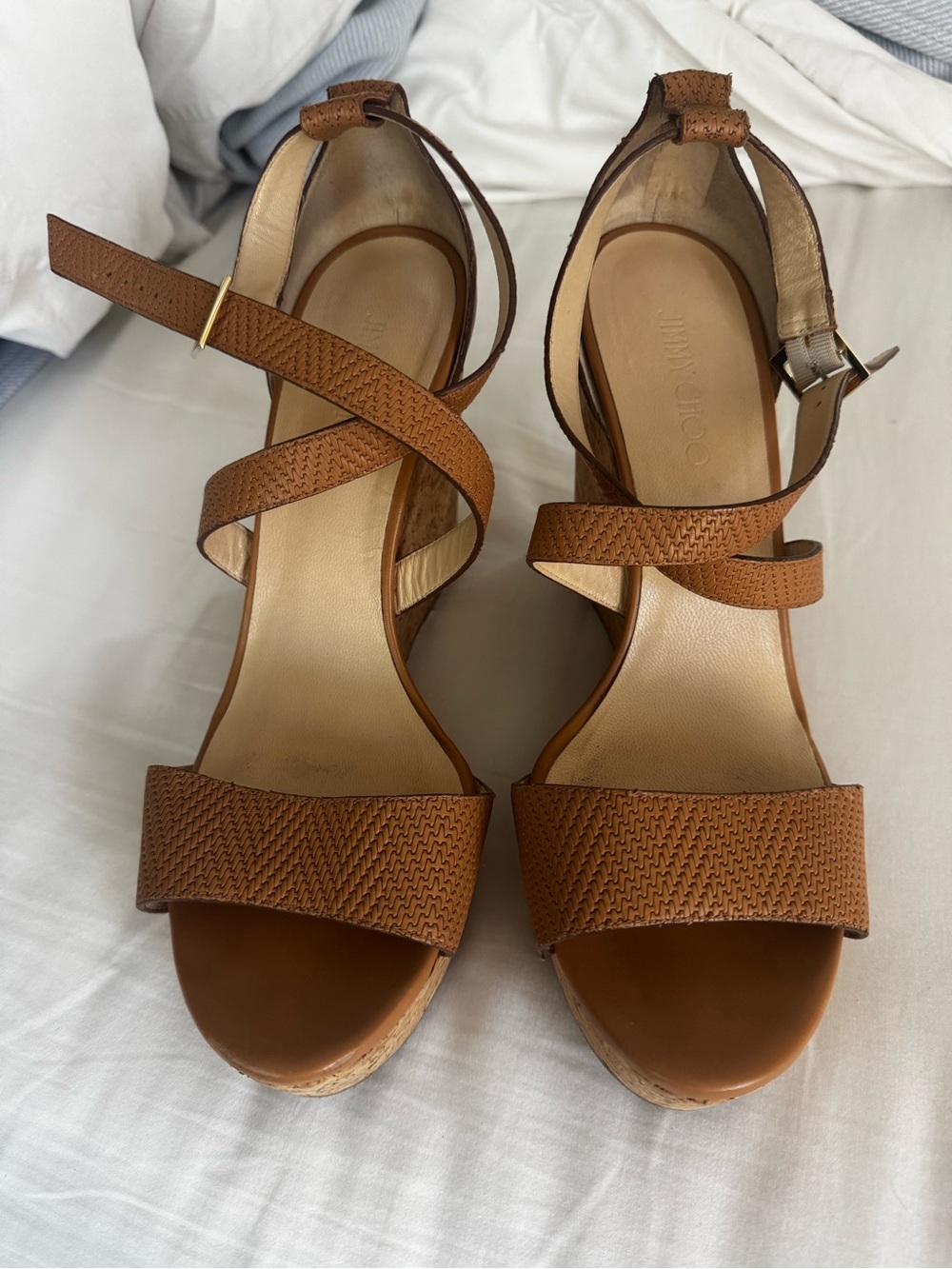 Jimmy Choo Tan Brown Woven Leather Wedge Sandals